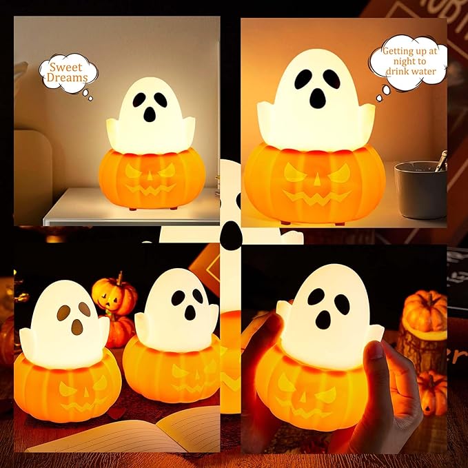 LED Pumpkin Ghost Night Light for Kids, Cute Lamp Gift 7 Colors NightLight, Silicone Rechargeable Bedroom Touch Pumpkin Lamps, Kawaii Room Decoration Bedside Lamp for Kids Girls Boys
