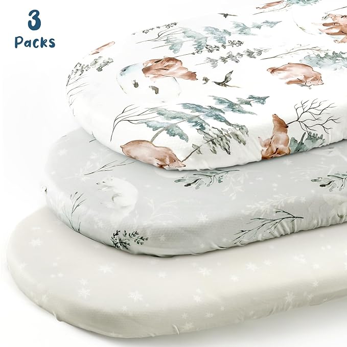 GRSSDER Stretchy Ultra Soft Fitted Bassinet Sheet Set 3 Pack, Universal Fit for Bassinets Baby Cradle Moses Basket Oval Rectangle Mattress Safe and Snug, Stylish Pattren of Bear and Wolf Print
