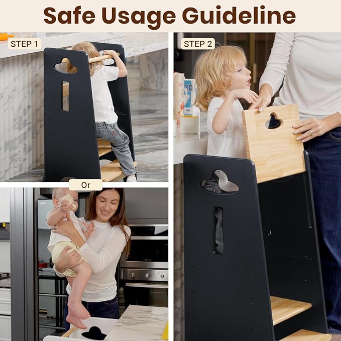 COSYLAND Toddler Standing Tower Adjustable Height - Super Stable Kids Kitchen Stool Helper - 3 Levels Adjustable Wooden Toddler Kitchen Stool (Natural & Dark Gray)