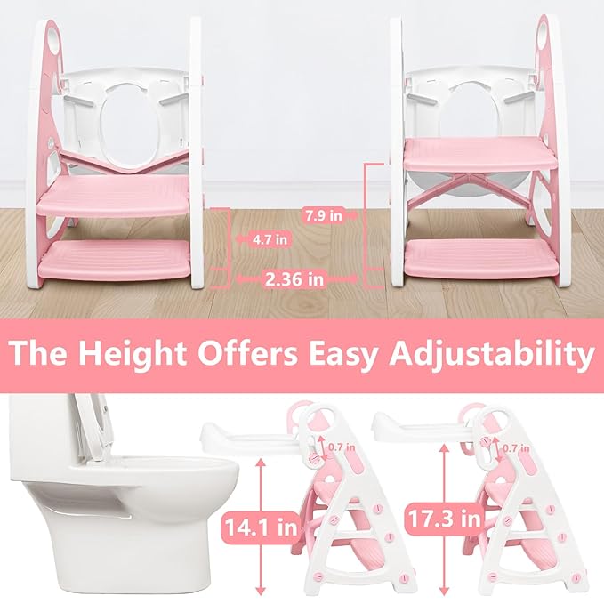 Potty Training Seat: 2 in 1 Design Potty Seat for Toilet & Nursery Step Stool for Sink Potty Training Toilet with Height Adjustable Ladder for Kids of All Ages (Light Pink)