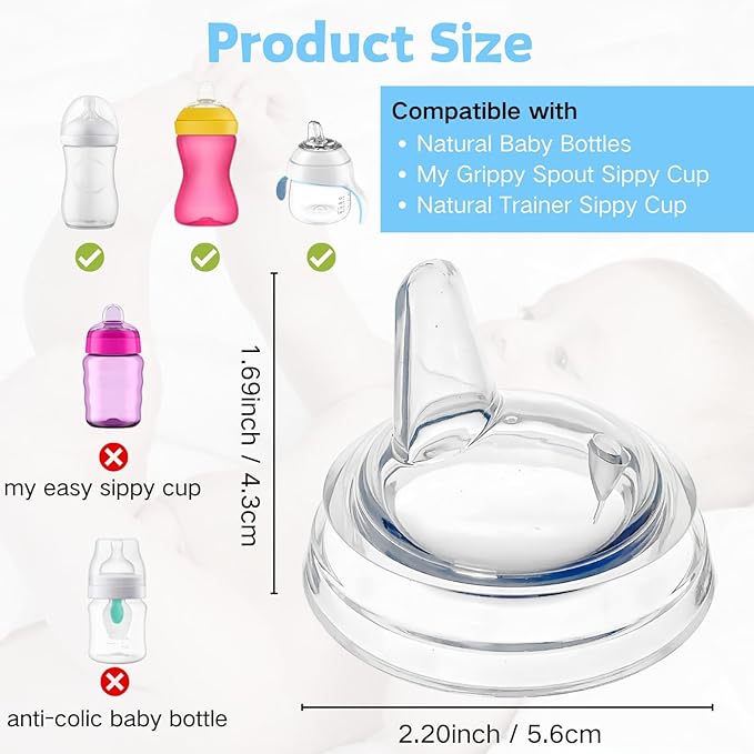 Sippy Spout Nipples Compatible with Philips Avent Natural Bottles, My Grippy Spout and Natural Trainer Sippy Cup, Soft Clear Food Grade Silicone Replacement Spouts, Leak-Proof, BPA Free, 6 Count