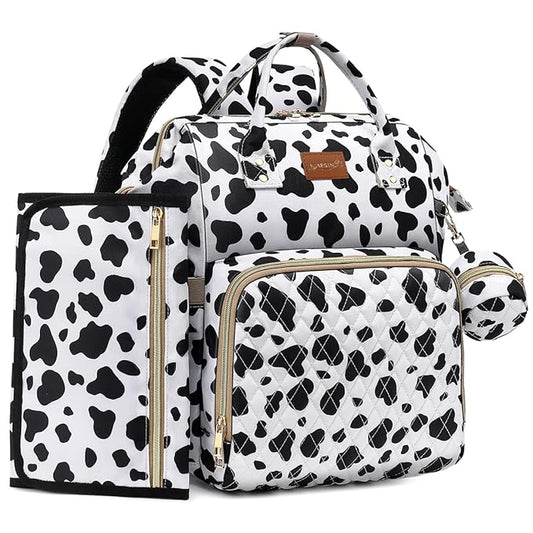 Diaper Bag Backpack with Changing Pad, Pacifier Case, Baby Bag for Boy Girl Toddler - Large, Stylish, Waterproof Travel Quilted Diaper Bag for Mom - Baby Shower Registry - Cow