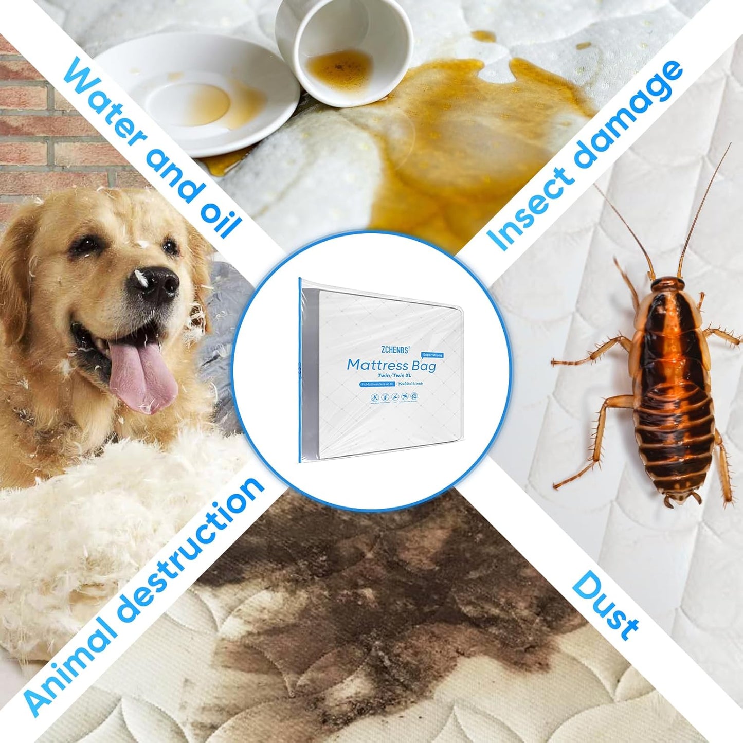 ZCHENBS® – Mattress Bags for Moving and Storage,Mattress Bag with Zippers,5 Mil Ultra-Thick Bed Bag,Waterproof,Anti-Tear,Heavy-Duty Mattress bag (Transaparent/Blue, Twin/Twin XL-(1 Pack))