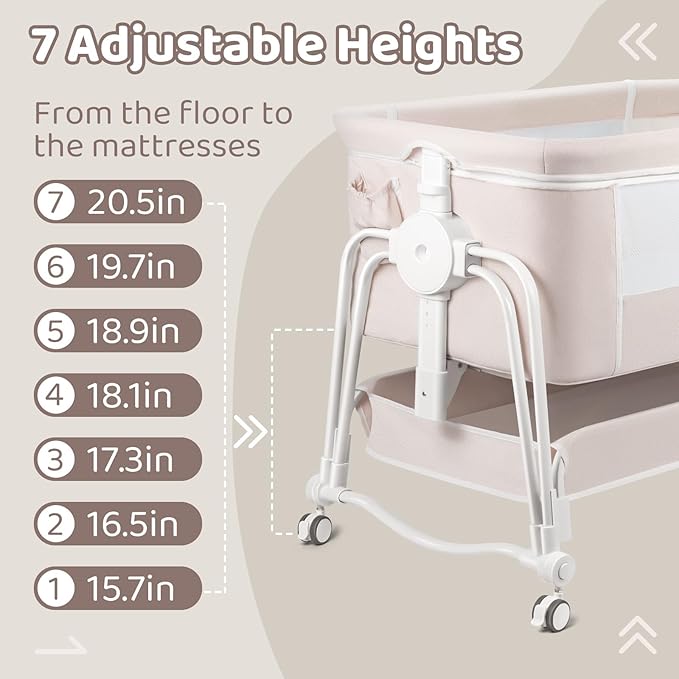 4 in 1 Baby Bassinet Bedside Sleeper, Rocking Baby Crib with Lockable Wheels, Storage, Mosquito Net and Matress Included, 7 Level Adjustable Bedside Bassinet for Baby Newborn(Cream)