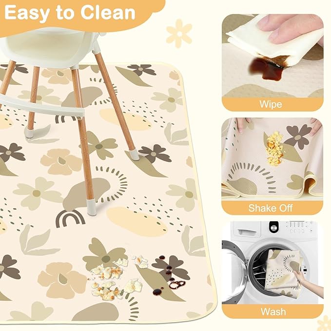 Splat Mat for Under High Chair 42 x 42 Inch Waterproof Baby Splash Mat with Non Slip Bottom Reusable Portable Highchair Mat for Floor Food Catcher for High Chair, Coffee Flowers