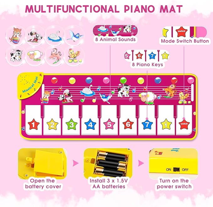 M SANMERSEN Piano Mat - Musical Keyboard Floor Playmat 39.5" Electronic Music Animal Touch Play Blanket Funny Xmas Gift Toy for 1 2 3 Year Old