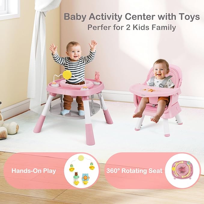 INFANS 9 in 1 High Chair, Convertible Baby Highchair for Babies and Toddlers, Table and Chair Set Building Block Infant Dining Booster Seat, Kids Stool with Activity Children Play Kitchen (Pink)