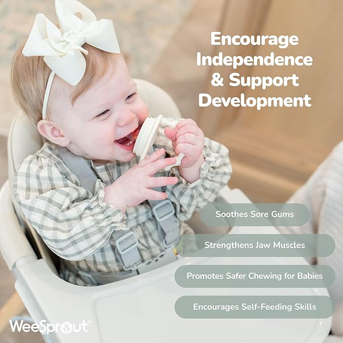 WeeSprout Silicone Baby Food Feeders + Freezer Tray for Batch Prep, Set of 2, Introduce New Foods Safely, Double as Teething Toys, Includes 2 Extra Pouches & Travel Lids, Dishwasher Safe