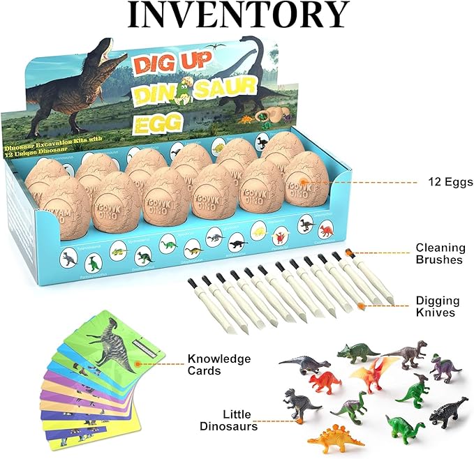 Dinosaur Eggs Dig Kit - Dinosaur Toys for Kids - Break Open 12 Easter Dino Eggs with 12 Surprise Dinosaurs Inside - Science STEM Birthday Class Activity Party Gifts for Boys Girls