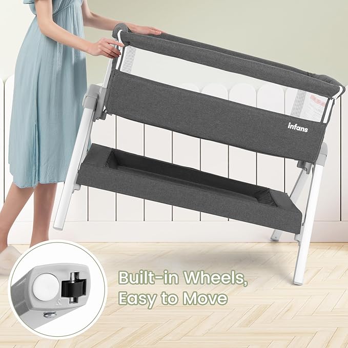 INFANS Baby Bassinet Bedside Crib, Newborn Sleeper w/Large Storage Basket, Adjustable Heights, Detachable &Washable Mattress, Breathable Mesh, Straps, Easy Moving Bed Side (Misty Grey)