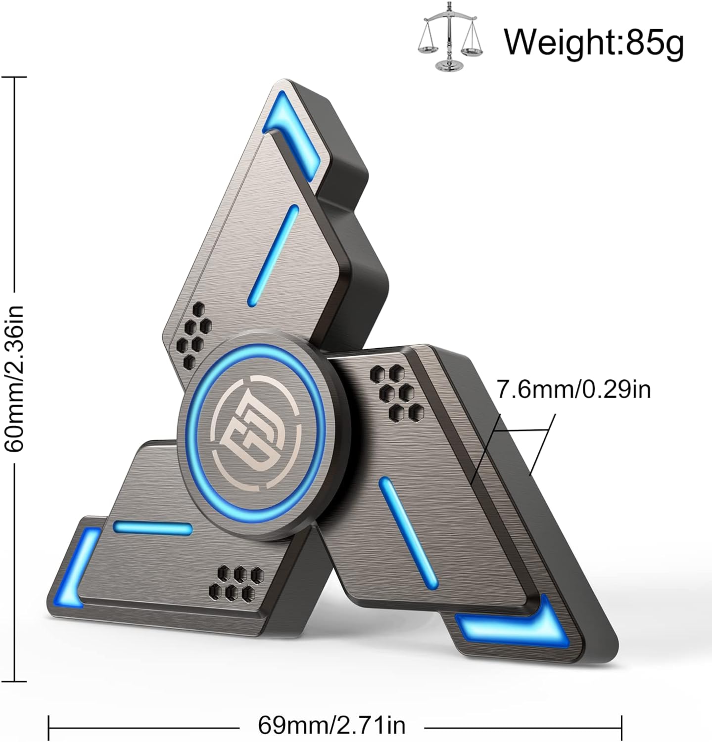 ATESSON Fidget Spinners Toy,3 to 5 min Spins,Gray Metal with Blue Luminous High Speed Bearing, Metal Material Hand Spinner,Stress Relief Anxiety Boredom Desk Toys for Adults and Kids