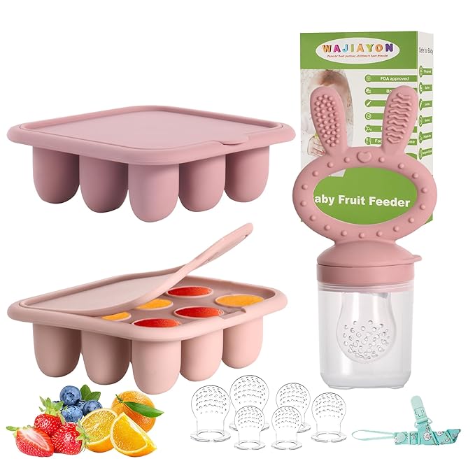 WAJIAYON Baby Breastmilk Popsicle Molds & Baby Fruit Feeder (3 Pack), Baby Food Freezer Tray Storage Containers, Silicone Teething Pacifier Feeder and Teether for Babies,Baby Feeder-Pink