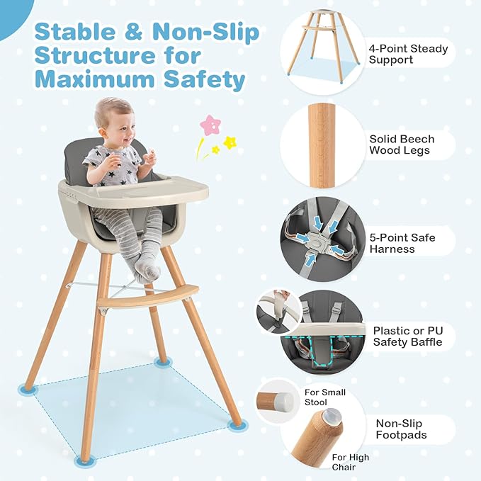 HONEY JOY Baby High Chair, 6-in-1 Eat & Grow Wooden Highchair/Toddler Chair with Removable Tray, 5-Point Harness, PU Cushion and Footrest, Convertible High Chair for Babies and Toddlers(Dark Gray)