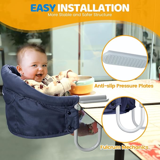 Orzbow Hook-On High Chair for Babies 6-36 Months - Portable, Fits Tables 0.78 to 3.14inchs Thick, Collapsible Clip-On Counter High Chair with Carry Bag for Travel, Home and Restaurant, Blue