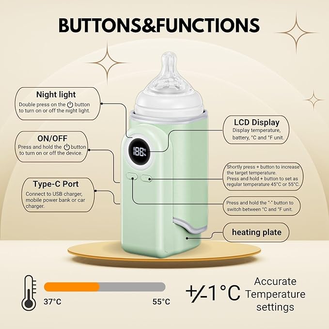 Cozytots Portable Bottle Warmer for Travel Wireless Portable Baby Milk Warmer On The Go Rechargeable USB Battery-Powered Milk Bottle Heating Bag in Car Heaters Thermostat Bag