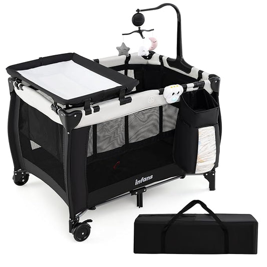 INFANS 3 in 1 Pack and Play, Portable Travel Baby Crib Bassinet with Detachable Mattress, Newborn Changing Table, Foldable Playpen with Carry Bag and 2 Wheels (Morden)