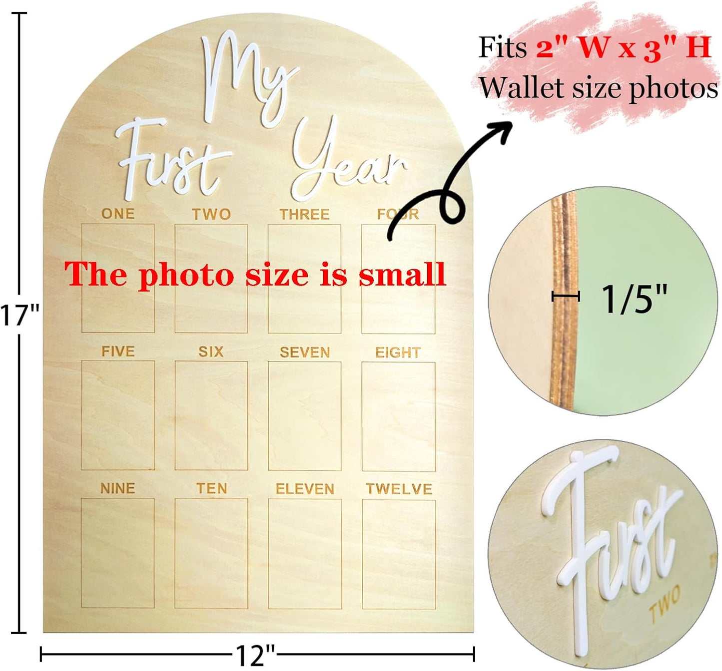 One Year Birthday Wooden Photo Board My First Year Milestone Photo Board 12 Monthly Picture Frame Baby First year Wood Acrylic Sign 1st Birthday Decorations Baby Keepsake Gift (2" x 3" photos - Wallet Size)