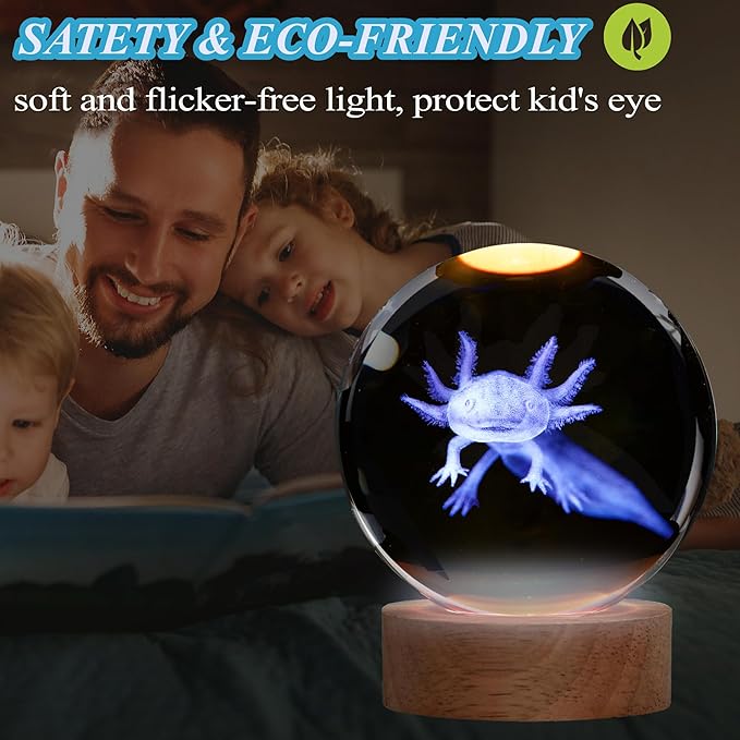 Axolotl Night Light with Upgraded 3.15 Inch 3D K9 Crystal Ball, Axolotl Lamp with Remote 16 Color Gifting Box for Birthday Xmas Cool Axolotl Figurines Gifts for Room Decor Boys Girls