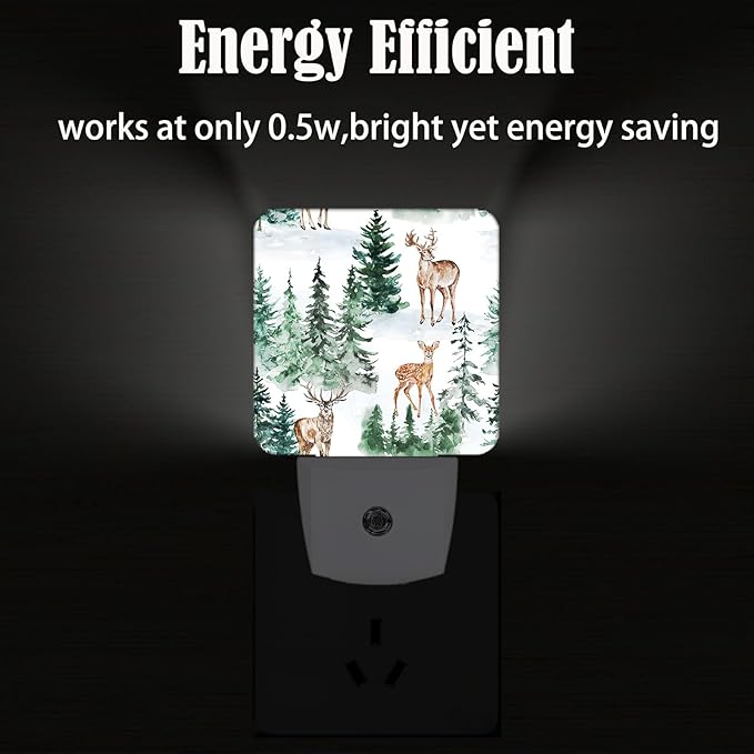 Watercolor Deer and Forest Night Light,Plug Into Wall for Boys Girls Bedroom Decorative Square Night Light Lamp 0.5w Sleep Friendly