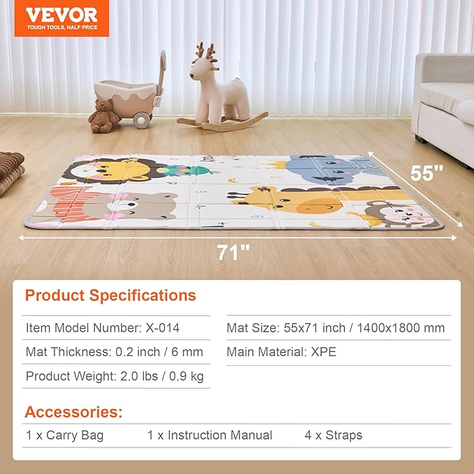 VEVOR Baby Play Mat, 55"" x71 Baby Crawling Mat, Non-Slip One-Piece Foam Baby Playmat, Foldable Portable Reversible Floor Mat with Travel Bag, Waterproof Activity Playmats for Babies, Toddlers, Infan