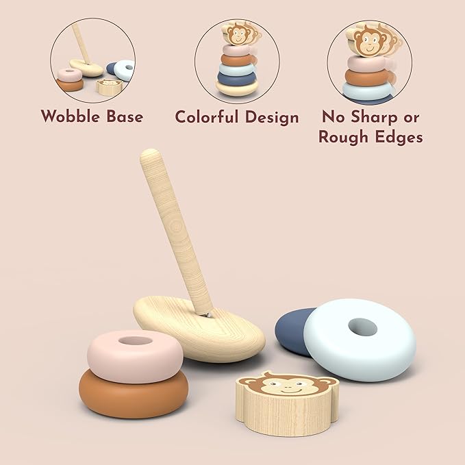 SPEEDY MONKEY Roly Poly Stacker Toy for Toddlers | Wooden Stacking Toy for Baby Boys & Girls | FSC-Certified Wobble Base with Colorful Rings for Fine Motor Skills | Sensory Learning Gift for Kids 1-5