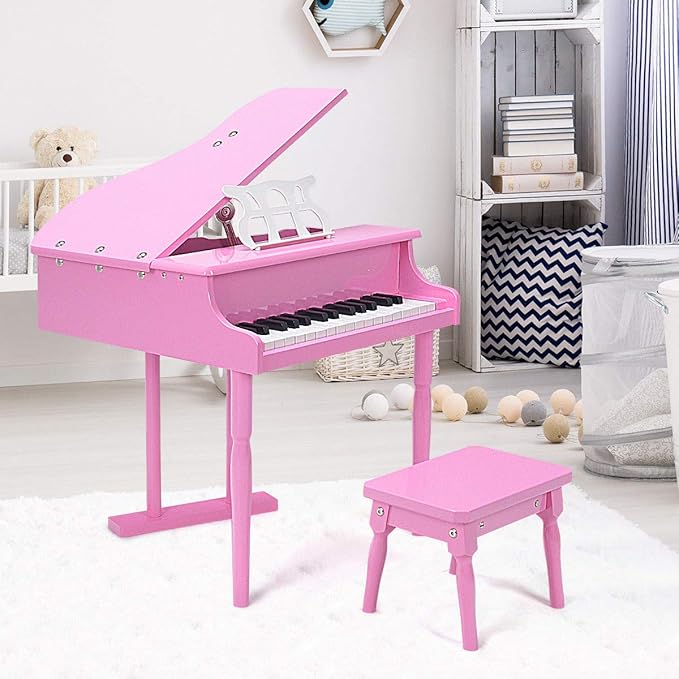 Goplus 30-Key Classical Kids Piano, Mini Grand Piano Wooden Learn-to-Play Musical Instrument Toy with Bench, Piano Lid, Music Rack, Gift for Boys Girls Aged 2+ Baby Toddler (3 Straight Leg-Pink)