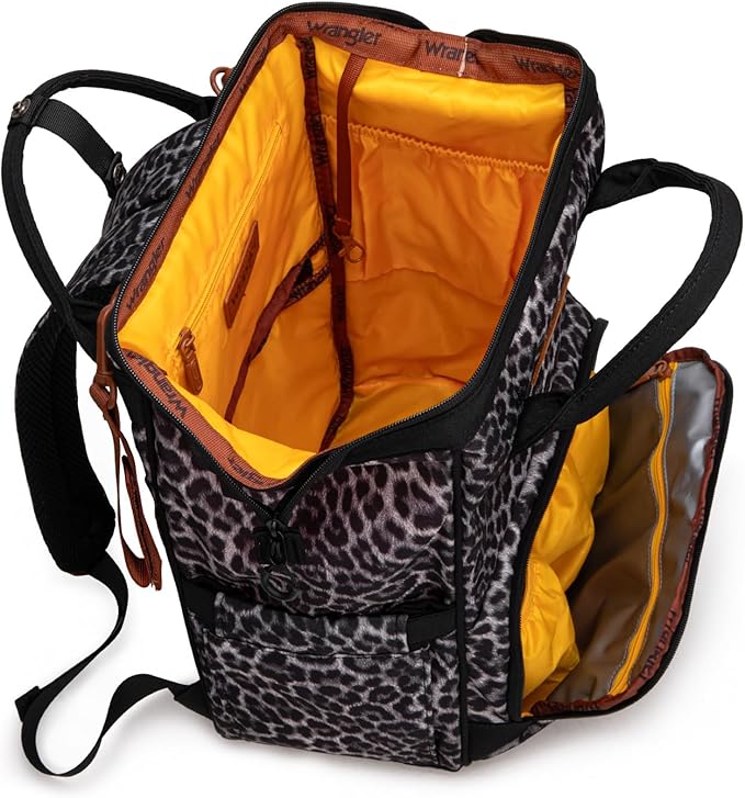 Wrangler Leopard Print Backpack Multifunction Baby Travel Bag with Changing Pad, Stroller Straps and Pacifier Case WG2204-91103LP-BK