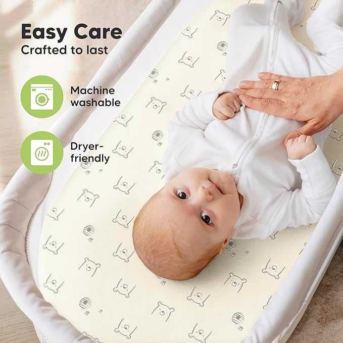 2-Pack Organic Bassinet Sheets for Girls, Boys - 100% Cotton Bassinet Mattress Sheets Compatible with Halo Bassinest Swivel Sleeper, Graco, Baby Delight, Chicco, Fitted Bassinet Sheets (Bumble Bear)