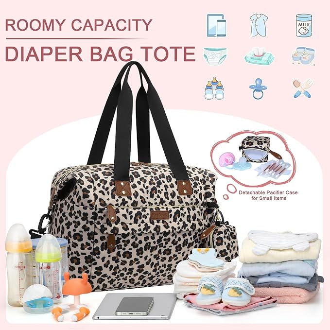 Diaper Bag Tote - Diaper Baby Bags with Pacifier Case, Shoulder Straps, Stroller Clips, Waterproof Large Mommy Maternity Travel Baby Bag for Mom and Dad, Leopard, Medium