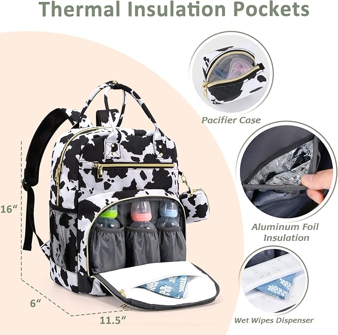 Diaper Bag Backpack,Baby Essentials Diapers Bag with Pacifier Case,Multipurpose Stylish Large Capacity Travel Backpack for Baby Girl/Boy(M-Cow Print)