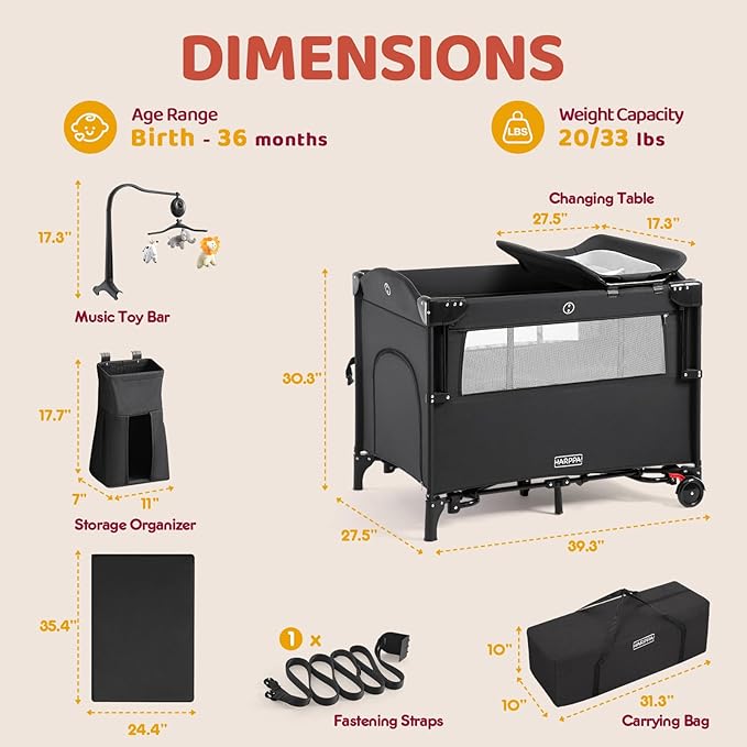 HARPPA Pack and Play 5 in 1, Portable Baby Playard for Travel, Baby Bassinet Bedside Sleeper with Mattress, Rolling Bassinet for Infant, Pack n Play with Changing Table, Bed Crib(Black)