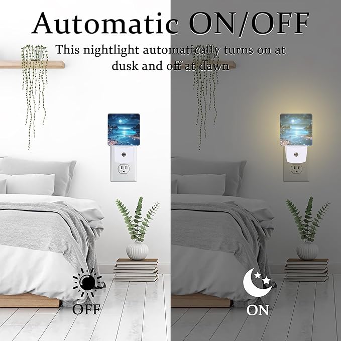 Full Moon and Sparkling Lake Night Light Plug into Wall, Magical Beach Dusk to Dawn Night Light, 0.5w Energy Saving Sleep Friendly Nightlights for Kids Boys Girls Home Decor