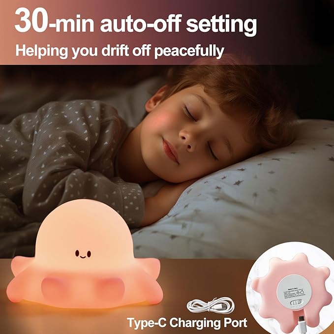 Kibbidea Touch Control Silicone Night Light for Kids, Rechargeable Octopus Nightlight with Timer, Eye Protection, Portable USB Baby Nightl lamp for Nursery, Bedroom