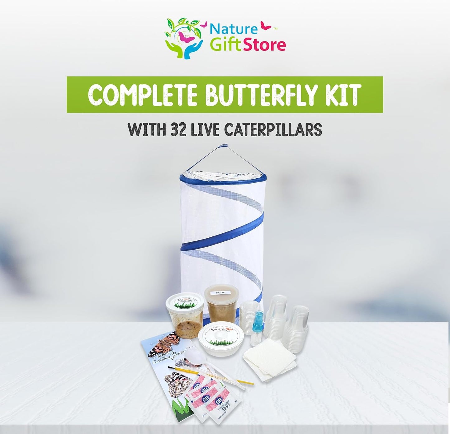 Nature Gifts Live Butterfly Kit - School-Sized Educational Experience with 32 Painted Lady Caterpillars - Pop-Up Cage, and Comprehensive Rearing Supplies for Classroom Engagement, 32 Small Cups