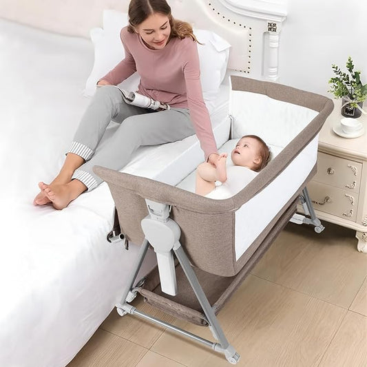 Cowiewie Bassinet Bedside Sleeper, Baby Bassinet with 7 Adjustable Height, Bedside Bassinet for Baby with Storage, Breathable Mesh & Mattress, Portable Bassinet Easy Folding (Baby Brown)
