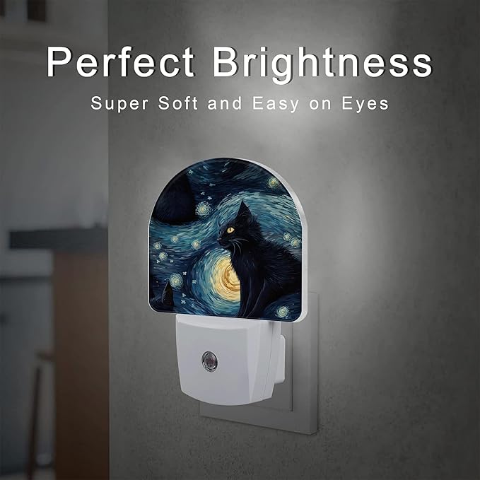 Starry Night Black Cat Night Light Plug into Wall, Abstract Oil Painting Cat Dusk to Dawn Night Light Plug in,0.5w Energy Saving Sleep Friendly Nightlight for Kids Boys Girls Home Decor