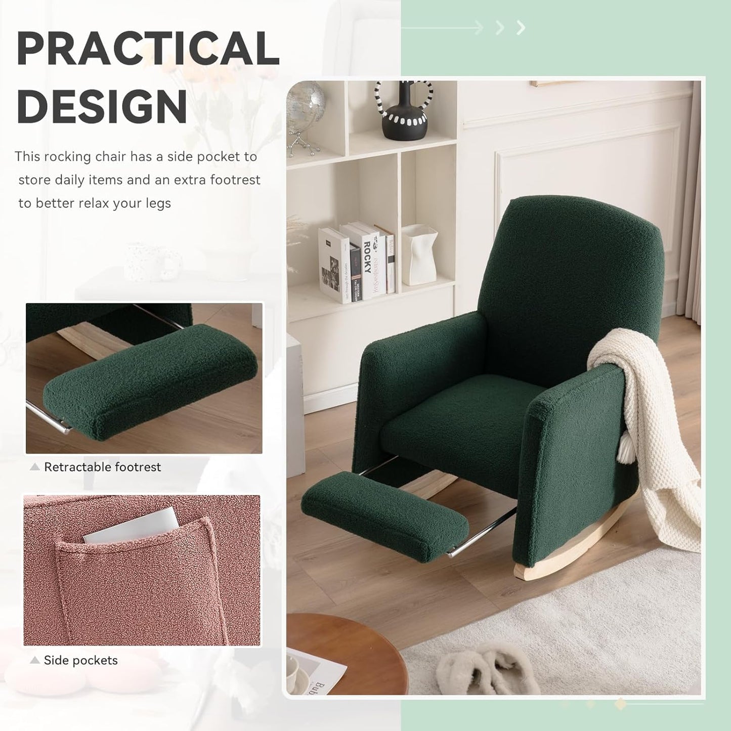 FOXHUNTER Rocking Chair Nursery with Adjustable Footrest and High Backrest, Upholstered Glider Chairs with Side Pockets for Nursery, Rocker Armchair Indoor for Living Room,Green