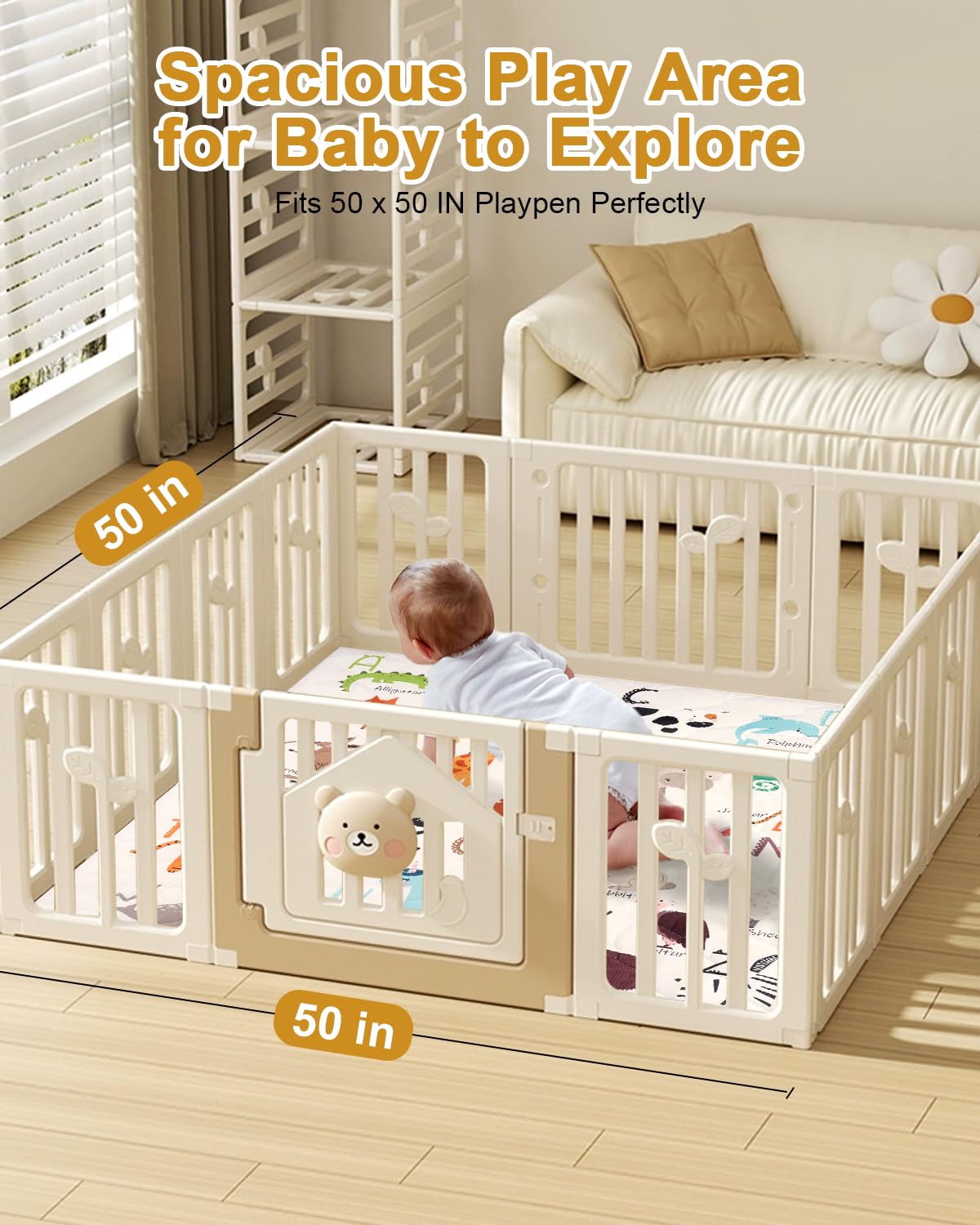 Premium Foam Baby Play Mat 50" x 50" – Removable & Machine Washable Cover, Extra Thick Padding Playpen Mat, Non-Slip Crawling Mat, Easy to Clean for Infants, Toddlers & Babies