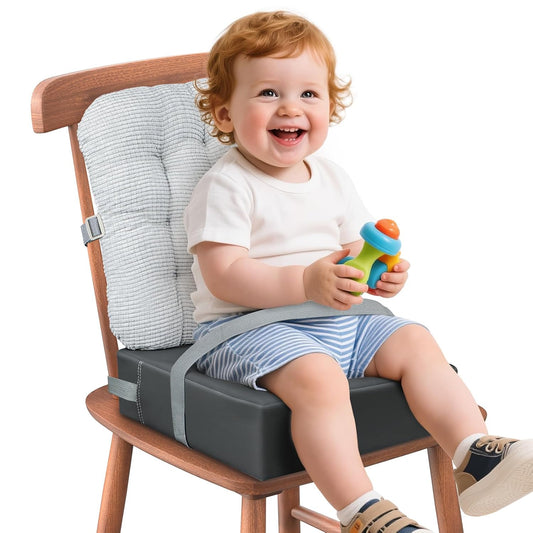 Booster Seat for Kitchen Chair with Comfy Backrest and Adjustable Safety Buckles,Non-Slip Kid Toddler Booster Seat for Dining Table,Portable PU Travel Baby Booster Increasing Cushion Chair