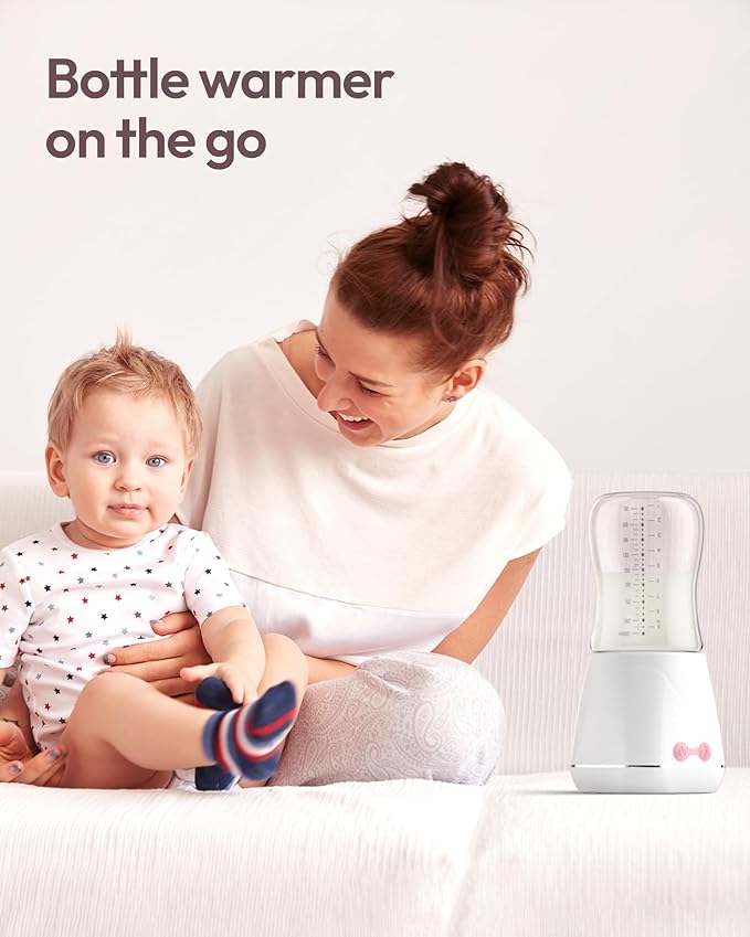 Portable Bottle Warmer, w-maxa Fast Baby Bottle Warmer for Travel with Glass Bottle & 4 Adapters, Rechargeable Bottle Warmer On The Go with Precise Temperature Control for Breastmilk, Formula