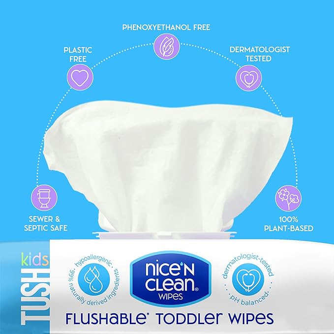 Nice 'N CLEAN Flushable Toddler Wipes 42ct (6-Pack) | 100% Plant-Based, Unscented Wet Wipes for Sensitive Skin | Potty Training Essentials | Flushable Baby Wipes for All Ages