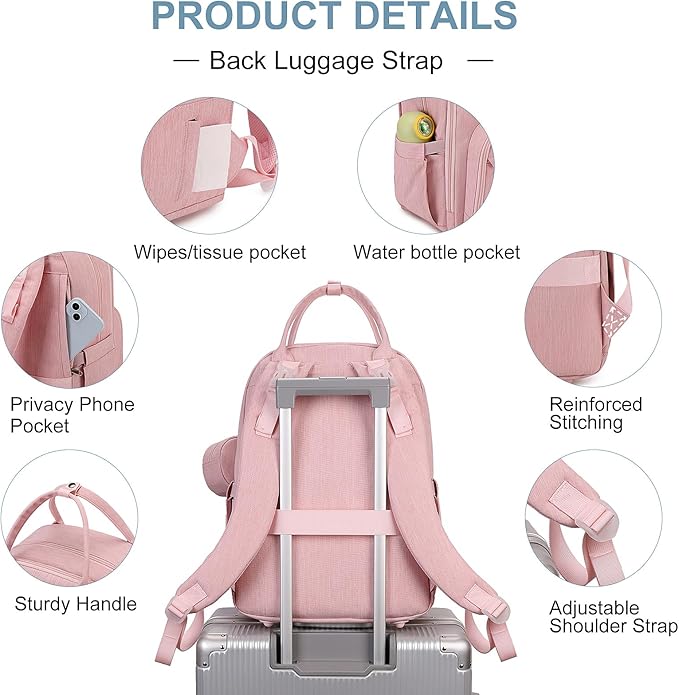 MOONBABY Diaper Bag Backpack, Baby Diaper Bags with Portable Changing Pad and Pacifier Case, Multifunctional Travel Diaper Backpacks, Unisex Baby Bags, Pink