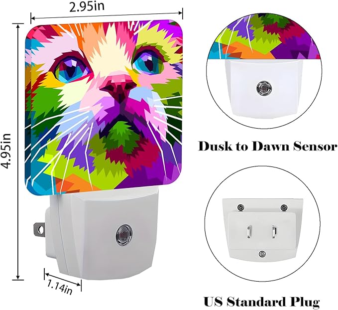 Colorful Cat Night Light,Plug Into Wall Decor for Stairway,Hallway,Kitchen,Dusk to Dawn Sensor Nightlights for Boys/Girls/Women/Men Room Gifts