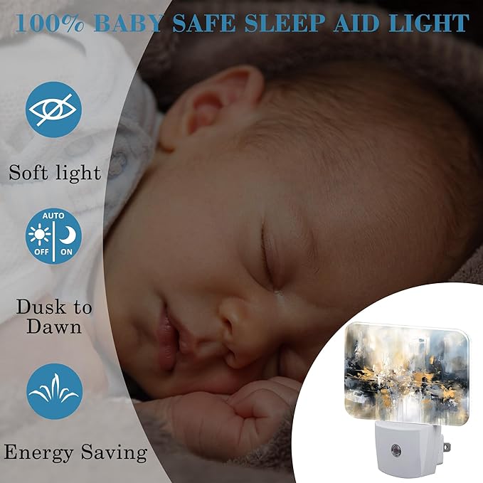 Modern Abstract Oil Painting Night Light, Gray Golden Painting Nightlight Plug into Wall with Dusk to Dawn Sensor for Kid Girls Boys Women Men Bedroom,Hallway,Kitchen,Bathroom,Stairs Decor