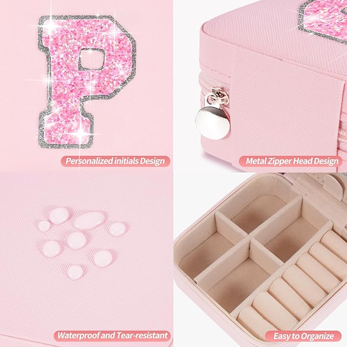 Travel Jewelry Case - Personalized Jewelry Box for Women,Small Jewelry Organizer Cute Jewelry Organizers and Storage Aesthetic,Travel Essentials Birthday Gifts for Girls Women | Pink,P