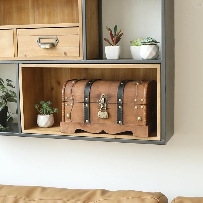 Vintage Wooden Treasure Chest Decorative Box with Lock - 12.2" x 7.1" x 7.1", Brown