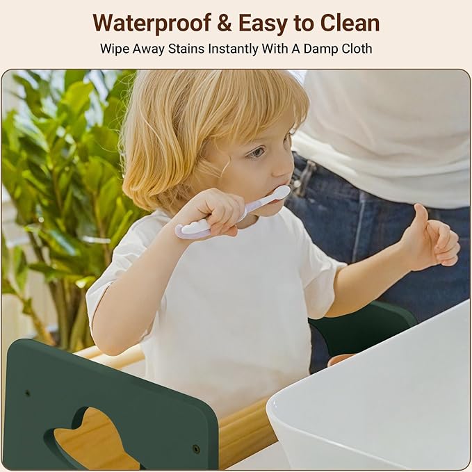 COSYLAND Toddler Standing Tower Adjustable Height - Super Stable Toddler Kitchen Stool Helper - 3 Levels Adjustable Wooden Kids Kitchen Stool (Natural & Green)