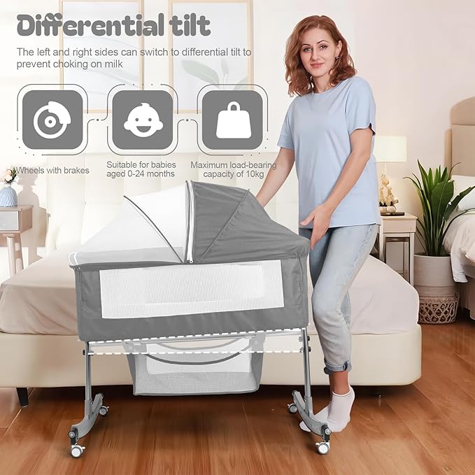 Baby Bassinet Bedside Crib 4-in-1 with Changing Table, 6 Height Adjustable Baby Crib with Mosquito Net & Storage Basket, Portable Cradle Bassinet for Newborn Infant (Grey)