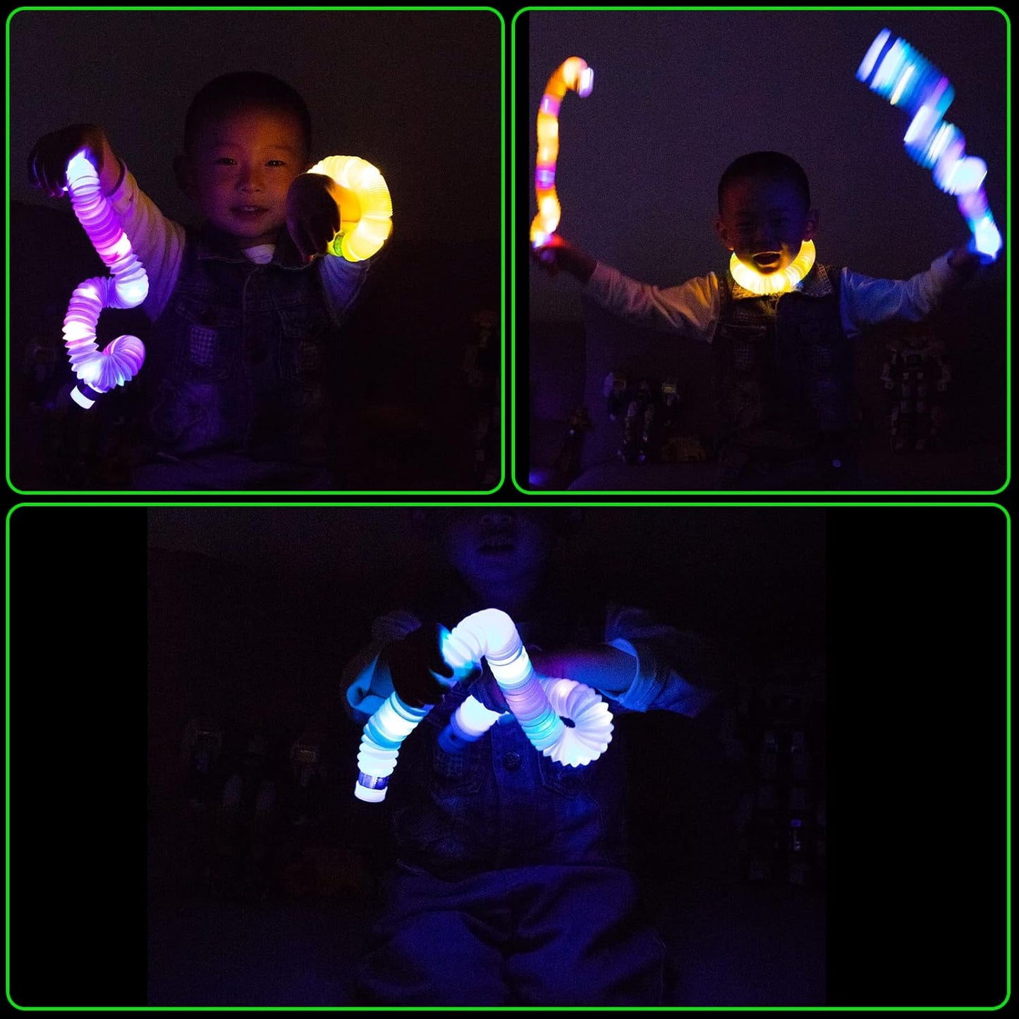 Light Up Pop Fidget Tubes: Glow Sensory Tube Stretch Toys for Kids Party Favors - Mini Plastic Pull Tubes Bulk with LED Lights Glowing Stick in the Dark (12 Pcs)