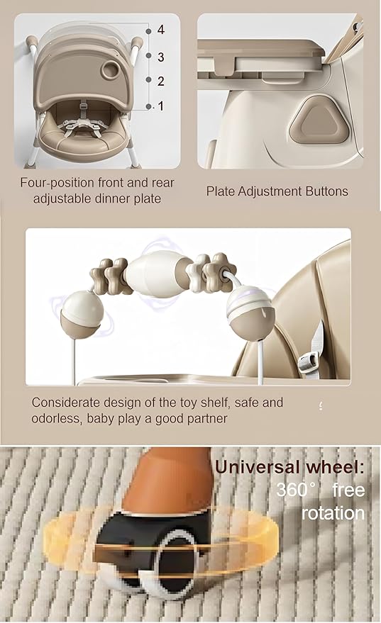 Nine point nine PU Leather High Chairs with Rocking Mode, High Chair for Babies and Toddlers, Adjustable and Easy to Fold Highchair, Highchairs with Double Tray (Khaki)